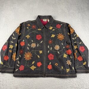Chico's Design Denim Jacket Womens Size 3 Embroidered Orient Theme